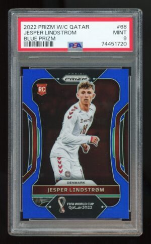 2022 Panini Prizm FIFA World Cup Blue Jesper Lindstrøm 172/299 RC #68 PSA 9 MINT