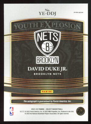 2021-22 Select David Duke Jr Youth Explosion SP Silver Rookie RC Auto #YE-DDJ