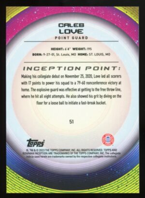 2022-23 Bowman University Inception Gold Foil Caleb Love #51 UNC /50