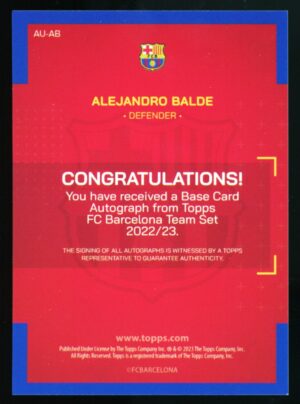 2023 Topps FC Barcelona Official Team Set Alejandro Balde Autograph #AU-AB