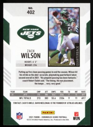 2021 Panini Chronicles SCORE ZACH WILSON Rookie #402 New York Jets