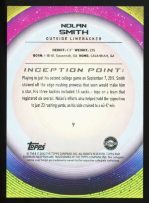 Nolan Smith 2023 Bowman Inception University Prospect Green Foil RC /299