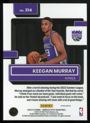 2022-23 Donruss Optic Silver Holo Prizm Keegan Murray RC #214 Sacramento Kings