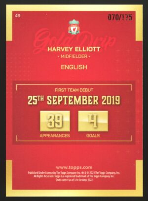 2022-23 Topps Liverpool Team Set Harvey Elliott #49 Gold Drip Green /175