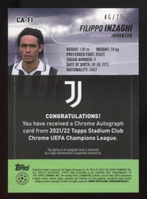 2021-22 Stadium Club Chrome Filippo Inzaghi Blue Wave Refractor Auto /75 #CA-FI