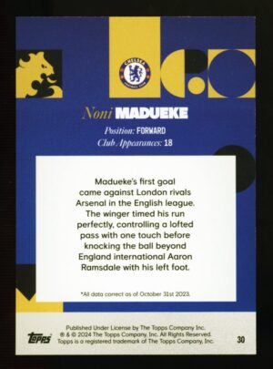 2023-24 Topps Chelsea FC Team Set Noni Madueke King's Road Yellow Foil Parallel /50 #30