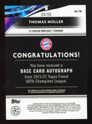 2023-24 Topps Finest THOMAS MULLER Green Wave /99 Auto #A-TM Bayern Munich