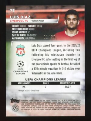 2022-23 Topps Stadium Club Chrome UEFA Gold Prism Refractor /50 Luis Diaz #75