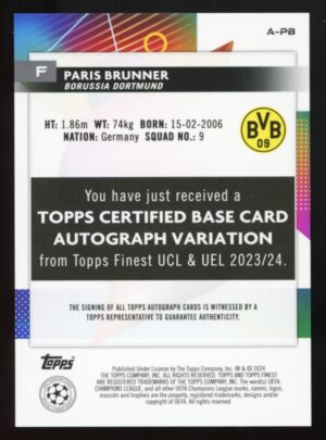 2023-24 Topps Finest UEFA Club Competitions Paris Brunner #A-PB Rookie Auto