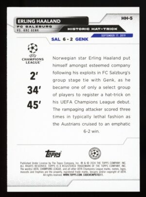 2023-24 Topps UEFA Club Competitions Historic Hat-Trick Erling Haaland #HH-5