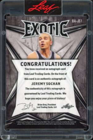 2022-23 Leaf Exotic Jeremy Sochan #BA-JS1 XRC Elephant Shimmer Rookie Auto RC /7