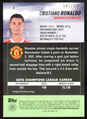 2021-22 Topps Stadium Club Chrome UEFA Cristiano Ronaldo #7 Green/Yellow Electric Charge Refractors – /125