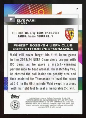 2023-24 TOPPS FINEST UEFA UCC ELYE WAHI RC #7 PURPLE REFRACTOR /299 LENS