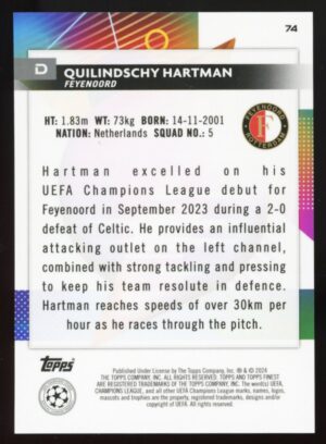 2023-24 TOPPS FINEST UEFA UCC Quilindschy Hartman #74 PURPLE REFRACTOR /299