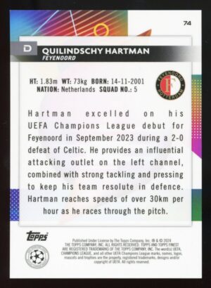 2023-24 Finest UEFA Club Competition Blue Refractor #74 Quilindschy Hartman /150