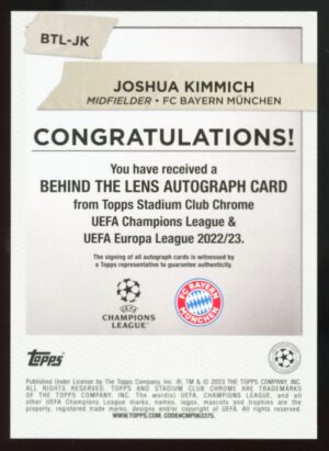 2022-23 Stadium Club Chrome UEFA Joshua Kimmich #BTL-JK Behind the Lens Auto