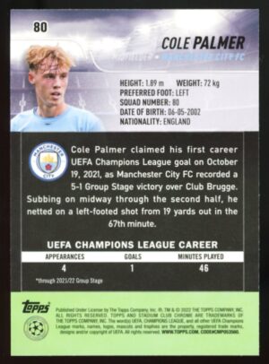 2021-22 Topps Stadium Club Chrome Cole Palmer #80 Rookie Manchester City FC #80