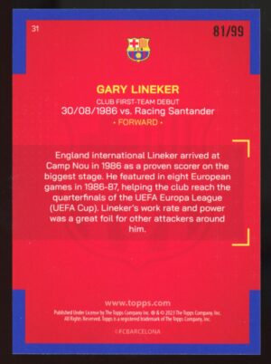 2022-23 Topps Barcelona GARY LINEKER #31 Our City PINK /99