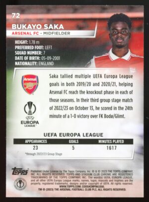 2022-23 Topps Stadium Club Chrome UEFA Club Competitions Bukayo Saka #72