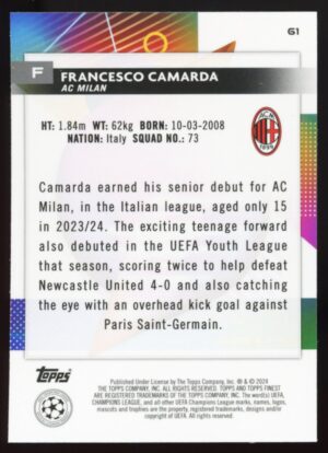 2023-24 Topps Finest UEFA Club Competitions  Francesco Camarda #61 RC