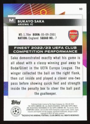 2023-24 Topps Finest UEFA Club Competitions Bukayo Saka #10