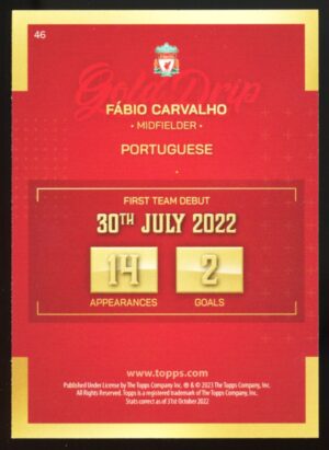 2022-23 Liverpool FC Team Set Gold Drip Fabio Carvalho #46 Rookie