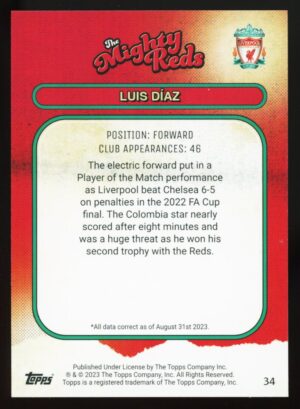 2023-24 Topps Liverpool FC Team Set The Mighty Reds Luis Díaz #34