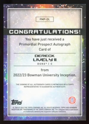 2022-23 Bowman Inception University Dereck Lively II #PMP-DL - Primordial Prospect Auto /99