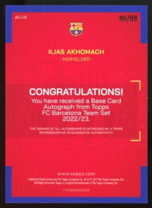 2022-23 Topps FC Barcelona Team Set Ilias Akhomach #AU-IA Auto Pink /99