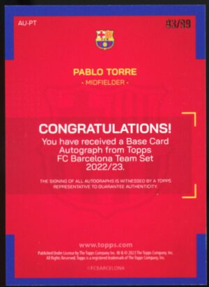 2022-23 Topps FC Barcelona Team Set Pablo Torre #AU-PT Auto Pink /99