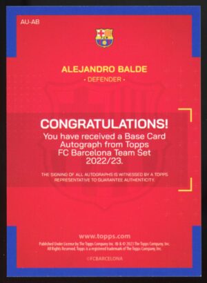 2022-23 Topps FC Barcelona Team Set Alejandro Balde Auto #AU-AB