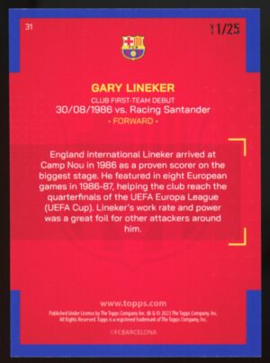 2022-23 Topps Barcelona Team Set - Gary Lineker #31 - Our City Orange /25