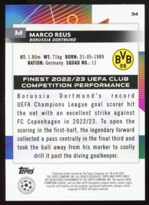 2023-24 Topps Finest UEFA Marco Reus #34 Blue Refractor Numbered /150