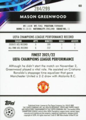 2021-22 Topps Finest UCL Mason Greenwood #63 - Purple Refractor /299