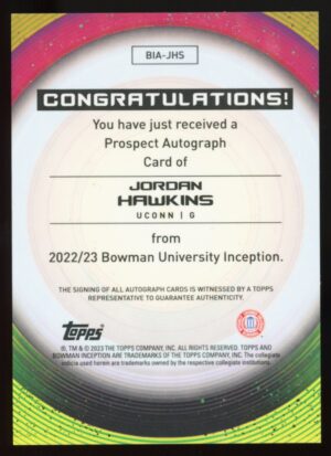 2022-23 Bowman Inception Jordan Hawkins #BIA-JHS Auto/99 - New Orleans Pelicans