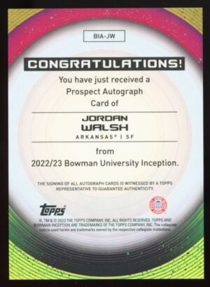 2022-23 Bowman Inception University Fuchsia Foil /75 Jordan Walsh #BIA-JW Auto