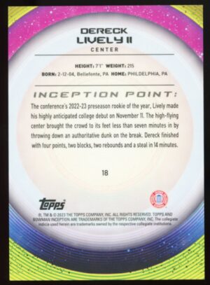 2022-23 Bowman University Inception Dereck Lively II #18 Aqua Foil /199