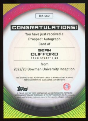 2022-23 Bowman Inception University Sean Clifford #BIA-SCD Auto