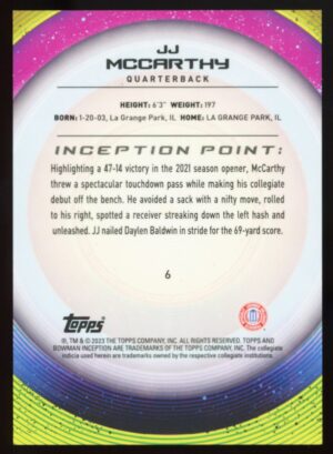 2022-23 Bowman University Inception JJ McCarthy #6 Aqua Foil /199