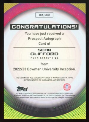 2022-23 Bowman University Inception Fuschia /75 Sean Clifford #BIA-SCD