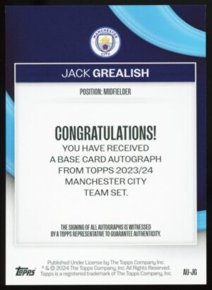 2023-24 Topps Manchester City Team Set Orange Jack Grealish /25 Auto