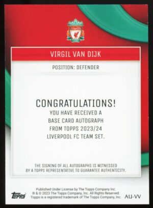 2023-2024 Topps Liverpool Team Set Virgil Van Dijk Pink /99 Auto