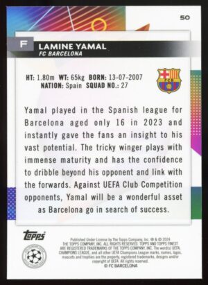 2023-24 Topps Finest UEFA Club Competitions Lamine Yamal #50 Rookie