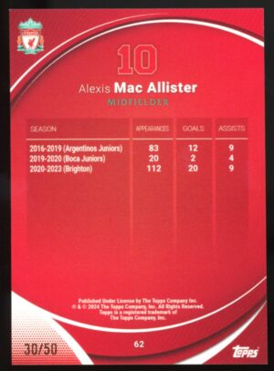 Steven Gerrard 2023-24 Topps Chrome Alexis Mac Allister #62 Gold /50 Heroes of Today