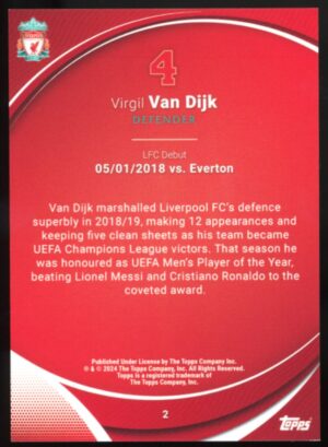 2023-24 Topps Chrome Liverpool Virgil Van Dijk #2 Black & White Wave Refractor