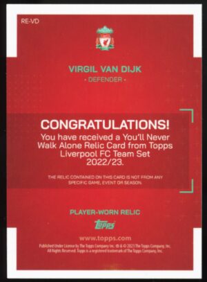 2023 Topps Liverpool Team Set YOU´LL Never Walk Alone Relic Virgil Van Dijk #RE-VD Player Worn