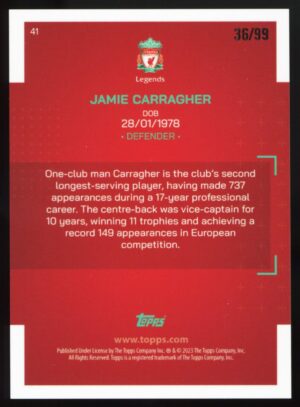 2022-23 Topps Liverpool Team Sets Jamie Carragher #41 YNWA Pink /99